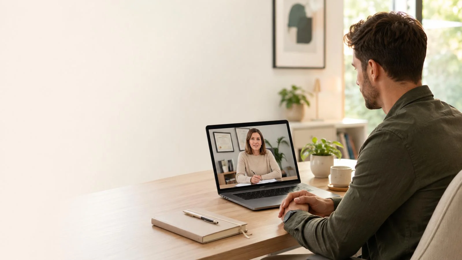 A man at a desk speaking with a Fairneuro clinician over a video call